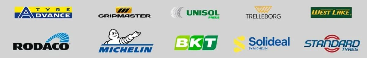 Marcas de pneus para empilhadeira: Advance, Gripmaster, Unisol, Trelleborg, Westlake, Rodaco, Michelin, BKT, Solideal e Standard